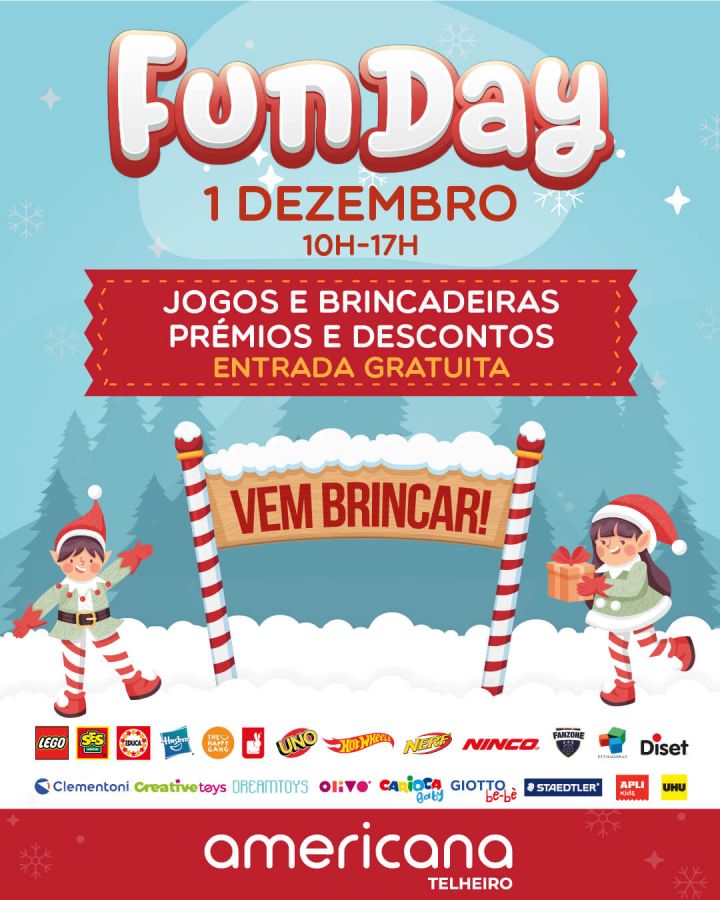 imagem com fundo azul com logotipo funday. Data: 1 de dezembro das 10h-17h. Bonecos de natal infantis. vem brincar.