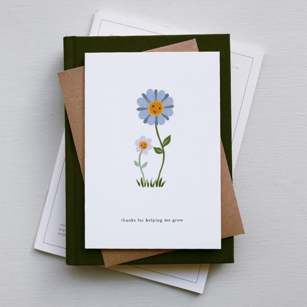 postal kartotek com flor com texto "thanks for helping me grow"