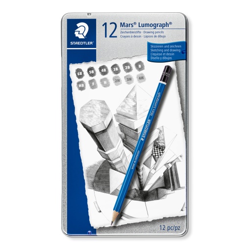 Lápis Grafite STAEDTLER Lumograph Mars 100 G12 4H/3H/2H/H/F/HB/B/2B/3B/4B/5B/6B caixa com 12