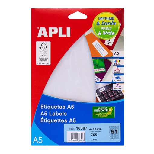 Etiquetas de ourives removíveis 48x8mm branco 15 folhas APLI - 765 unidades