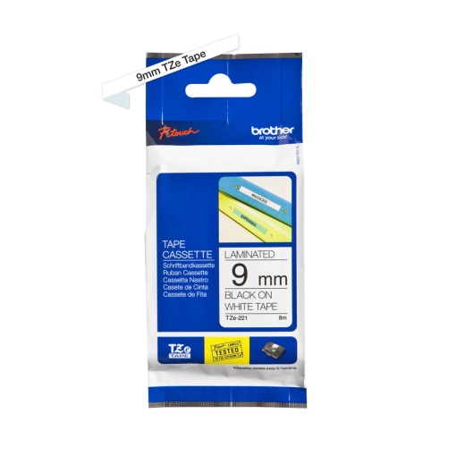 Fita BROTHER TZE-221 9mmx8m Preto Sobre Branco
