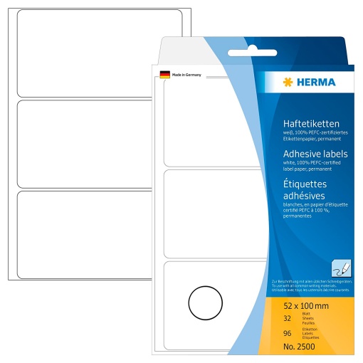 Etiquetas Adesivas 52x100mm Branco 32 folhas 96 unidades HERMA