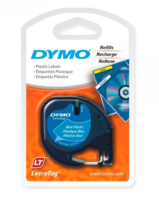 Fita DYMO Letratag 91205 12mmx4m preto sobre azul plástico