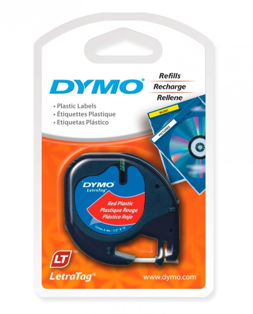 Fita DYMO Letratag 91203 12mmx4m preto sobre vermelho plástico