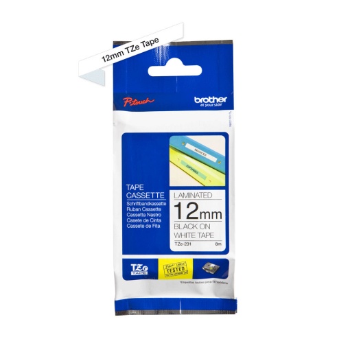 Fita BROTHER TZE-231 12mmx8m Preto Sobre Branco