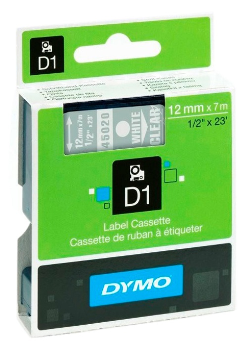 Fita DYMO D1 45020 12mmx7m branco sobre transparente