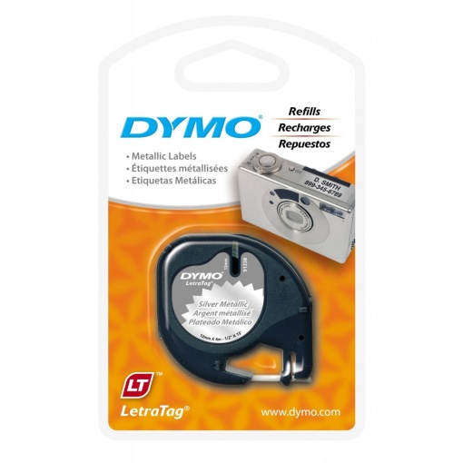 Fita DYMO Letratag 91208 12mmx4m Preto Sobre Prateado Metálico