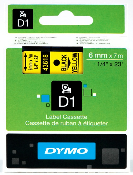 Fita DYMO D1 43618 6mmx7m preto sobre amarelo