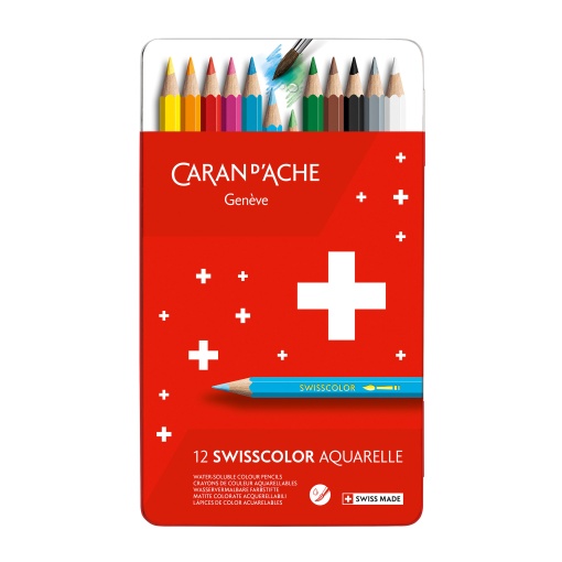 Lápis de Cor Aguarelável Caran D'ache Swisscolor caixa de Metal com 12