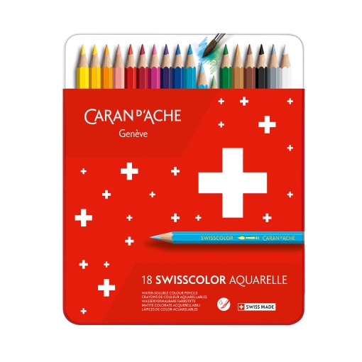 Lápis de Cor Aguarelável Caran D'ache Swisscolor caixa de Metal com 18