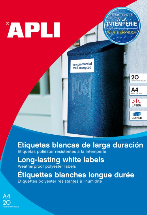 Etiquetas A4 210x297mm Resistentes Intempérie Branco 20 folhas APLI