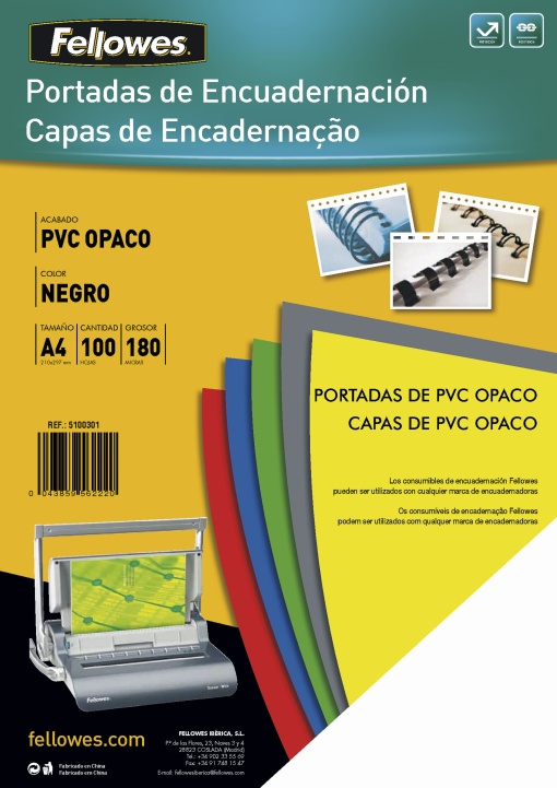Contracapa de Encadernação A4 Plástico 180mic Preto Opaco caixa com 100 FELLOWES