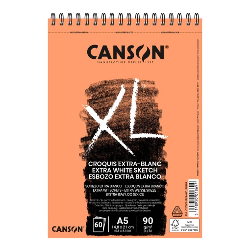 Bloco de Desenho Espiral CANSON XL Extra White A5 90g 60 folhas