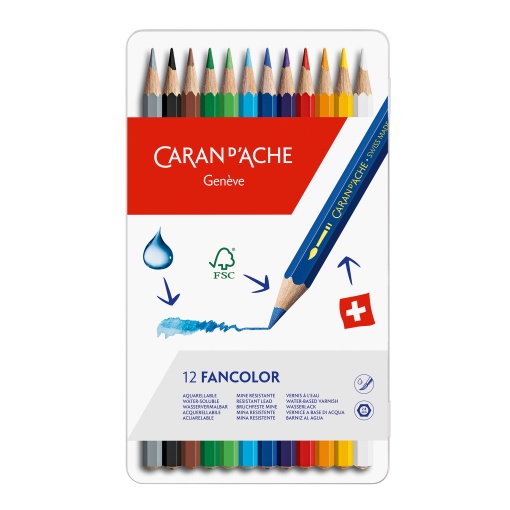Lápis de Cor Aguarelável Caran D'ache Fancolor caixa de Metal com 12