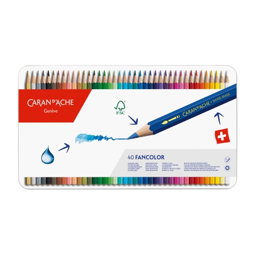 Lápis de Cor Aguarelável Caran D'ache Fancolor caixa de Metal com 40