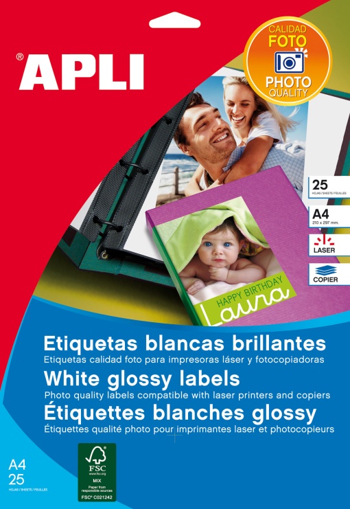 Etiquetas A4 199.6x289.1mm Qualidade Foto Branco Brilhante 10 folhas 10 unidades APLI