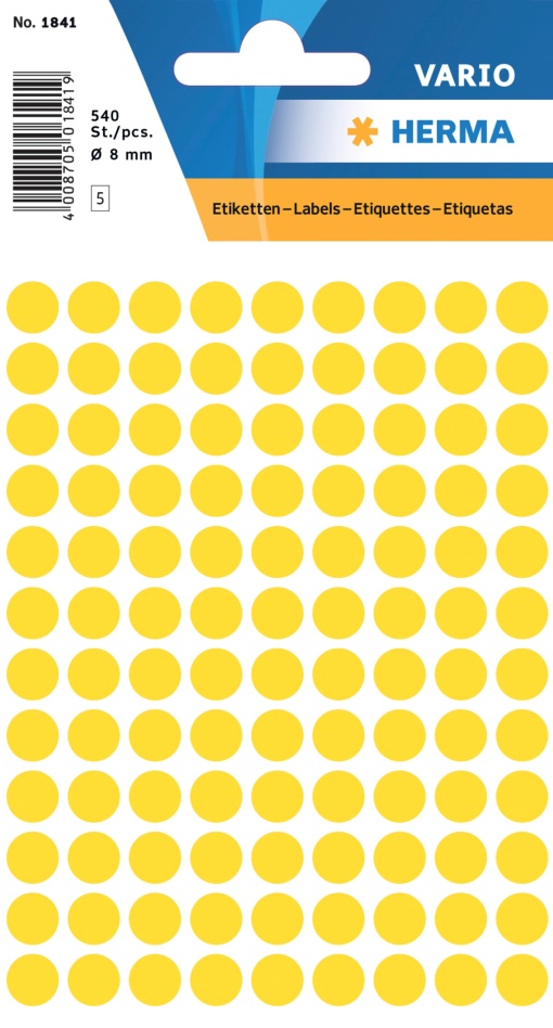 Etiquetas Adesivas 8mm Amarelo 5 folhas 540 unidades HERMA