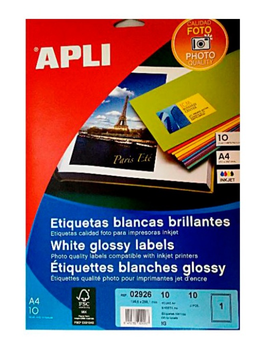 Etiquetas Inkjet A4 199,6x289,1mm Qualidade Foto Branco 10 folhas APLI