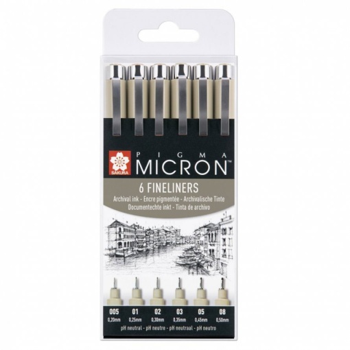 Fineliner SAKURA Pigma Micron Set com 6 0,2/0,25/0,3/0,35/0,45/0,5mm Preto