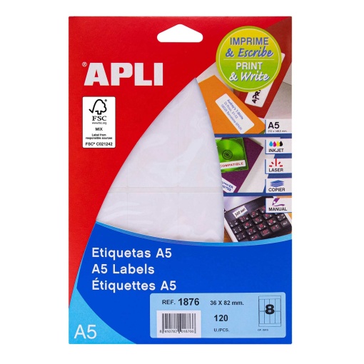 Etiquetas A5 36x82mm branco 15 folhas (120 unidades) APLI