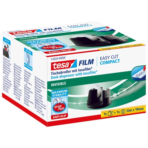 Desenrolador de secretária TESA Easy Cut Compact + 1 fita invisível 19mmx33m preto