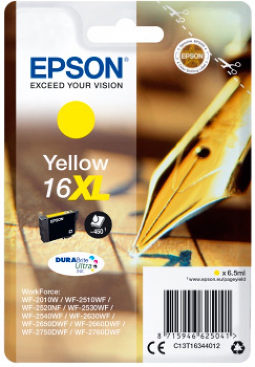 Tinteiro EPSON 16XL Amarelo T16344010 WF2010/2510/2520/2530/2540 450 Páginas Alta Capacidade