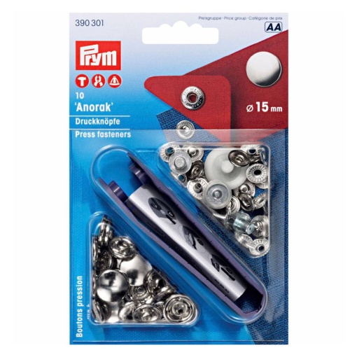 Botões de Pressão Metálicos Anorak 15mm Prateado PRYM com 10 unidades