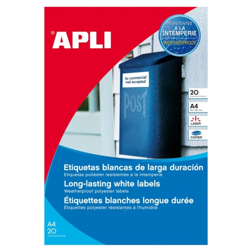 Etiquetas A4 64,6x33,8mm Resistentes à Intempérie Branco 20 folhas 480 unidades APLI
