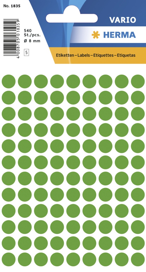 Etiquetas Adesivas 8mm Verde Escuro 5 folhas 540 unidades HERMA