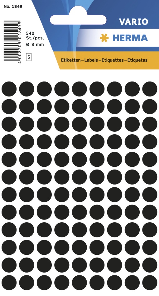 Etiquetas Adesivas 8mm Preto 5 folhas 540 unidades HERMA