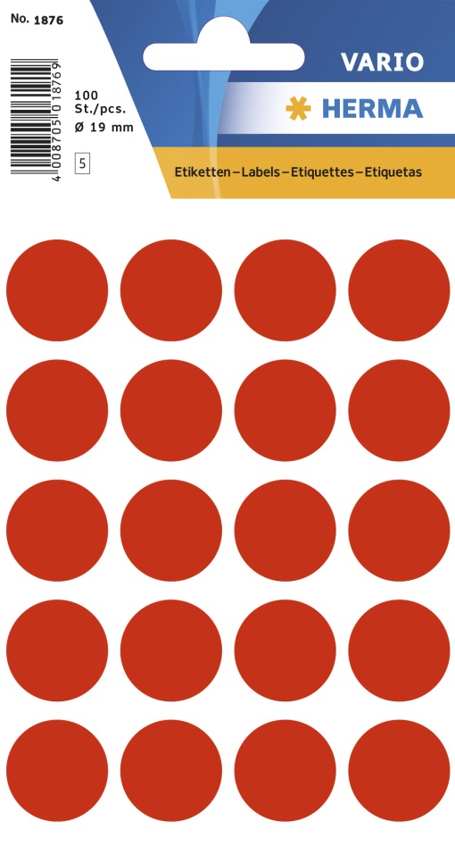 Etiquetas Adesivas 19mm Vermelho Fluorescente 5 folhas 100 unidades HERMA