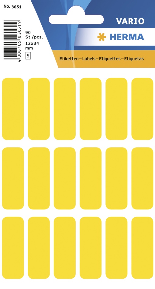 Etiquetas Adesivas 12x34mm Amarelo 5 folhas 90 unidades HERMA