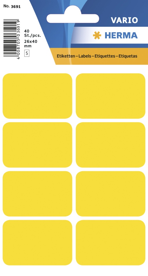 Etiquetas Adesivas 26x40mm Amarelo 5 folhas 40 unidades HERMA