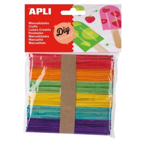 Espátula de madera APLI 114x10x2mm 6 colores - 50 unidades