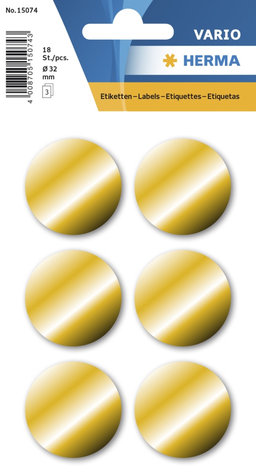 Etiquetas Adesivas 32mm Dourado 3 folhas 18 unidades HERMA