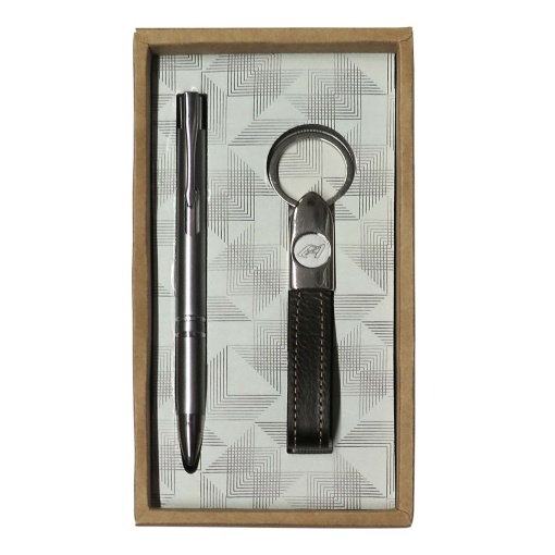 Ballpoint pen and leather keychain set (assorted)