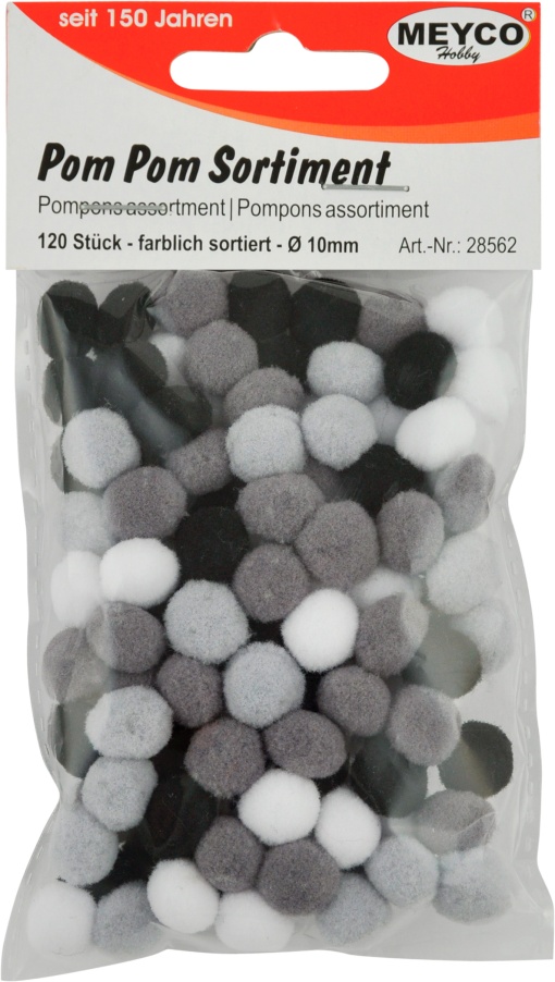 Pompons 10mm Preto/Cinza/Branco com 120 MEYCO