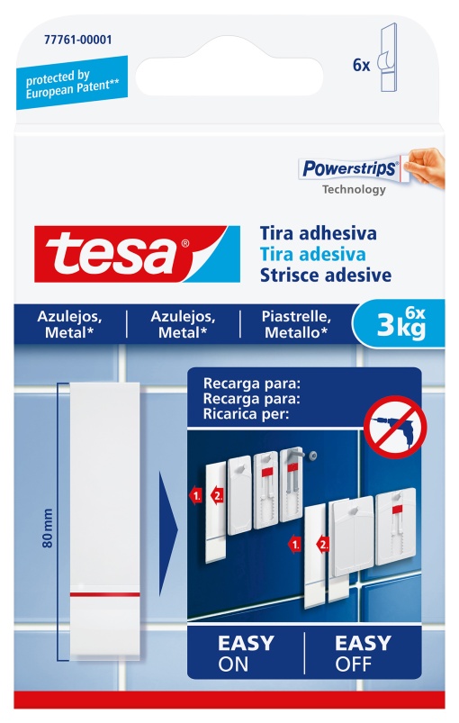 Tiras Biadesivas TESA Powerstrips Recarga para Prego Adesivo 3kg para Azulejo e Metal 6 unidades 77761