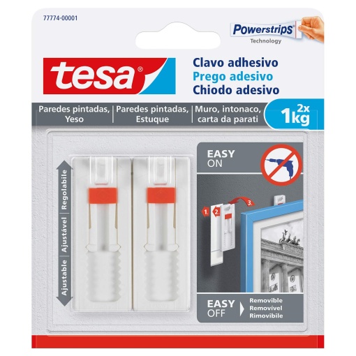 Prego Adesivo Ajustável TESA Powerstrips 1kg para Parede Pintada e Estuque (2 unidades)
