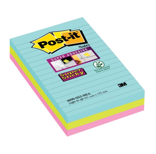 Bloco de Notas Aderentes POST-IT 4690-ss3-mia 101x152mm Cores com linhas com 3 com 90 folhas