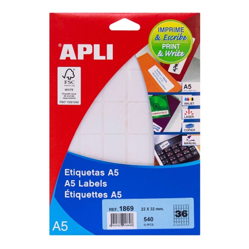 Etiquetas A4 22x32mm branco 15 folhas APLI - 540 unidades