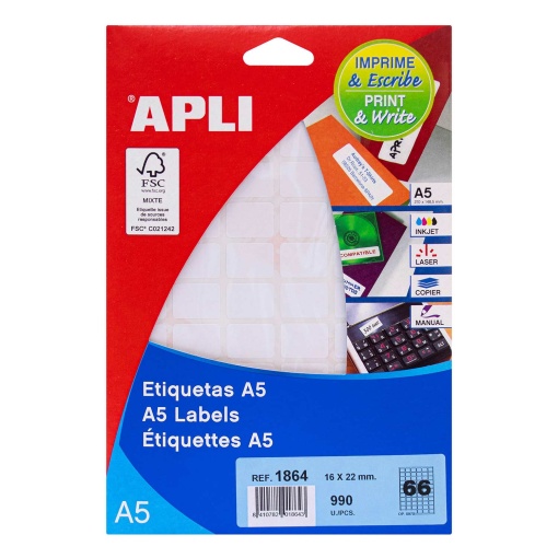 A4 labels 16x22mm white 15 sheets APLI - 90 units
