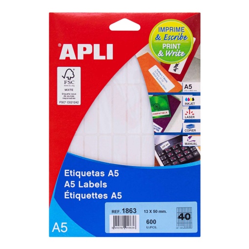 Etiquetas A5 13x50mm branco 15 folhas APLI - 600 unidades