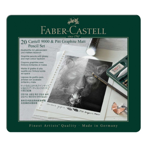 Lápis grafite FABER-CASTELL 9000 + Pitt Graphite Matt 20 peças + acessórios