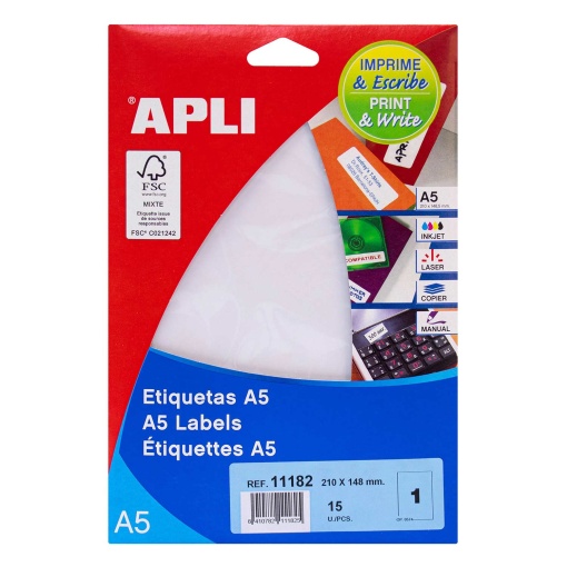 Etiquetas A5 210x148mm branco 15 folhas (15 unidades) APLI