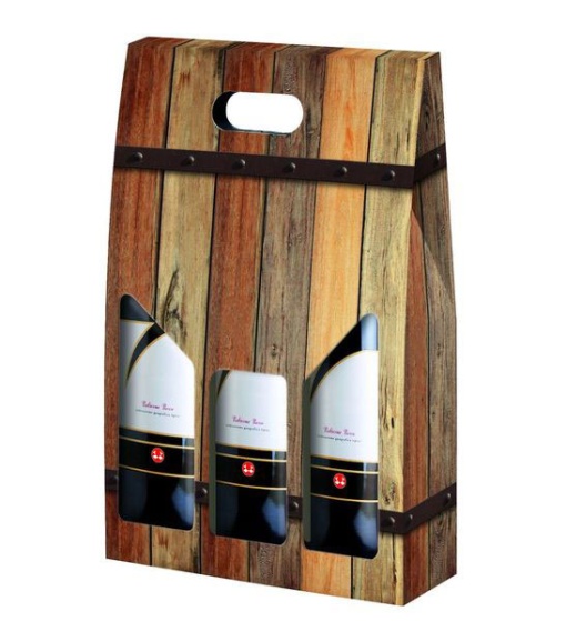 Caixa em Cartão para 3 garrafas Madeira com visor + pega 27x9x38cm