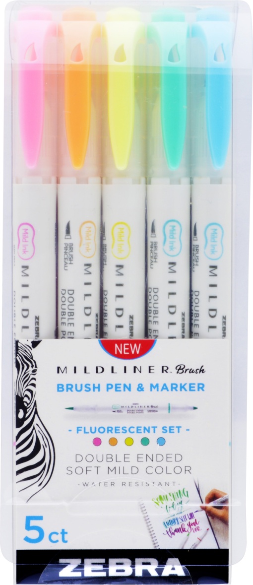 Brush Pen ZEBRA Mildliner 2 Pontas 5 Cores Pastel Fluorescentes