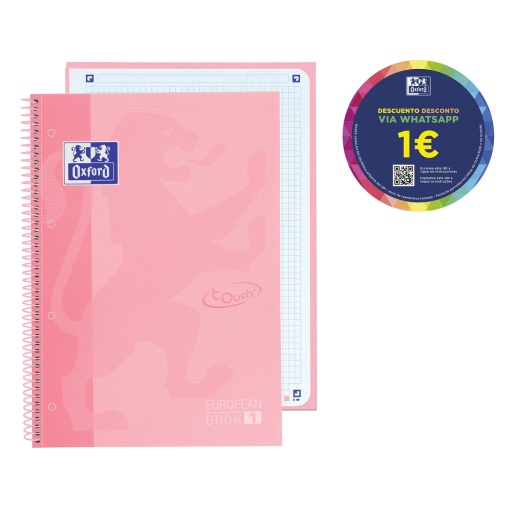 Caderno A4 Capa Dura Espiral OXFORD Touch Quadriculado 80 folhas 90g Rosa Pastel