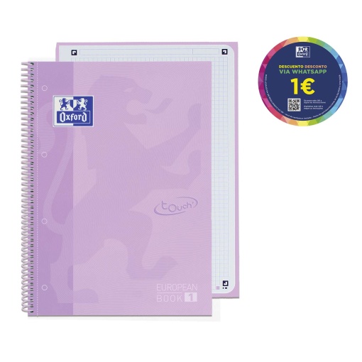 Caderno A4 Capa Dura Espiral OXFORD Touch Quadriculado 80 folhas 90g Lilás Pastel