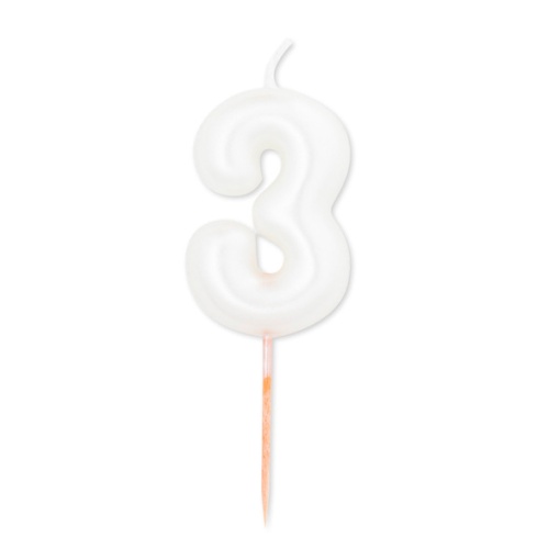 Vela de Aniversário Metalizada nº 3 Branco Pérola 8cm